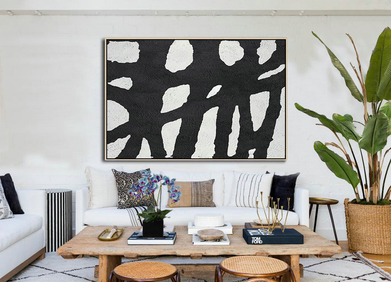 Acrylic Painting On Canvas,Oversized Horizontal Minimal Art On Canvas, Black And White Minimalist Painting - Abstract Oil Painting